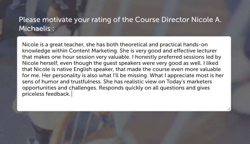 Example of student feedback received for Nicole’s Content Marketing course screenshot